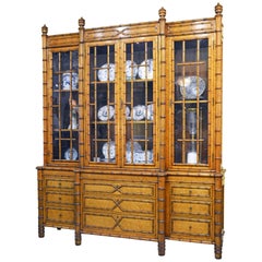 Antique Superior 19th Century English Faux Bamboo and Birdseye Maple Breakfront Bookcase