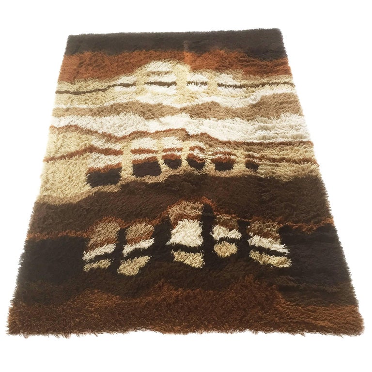 Large Abstract Vintage 1970s Modernist MultiColor High Pile Rya Rug by
