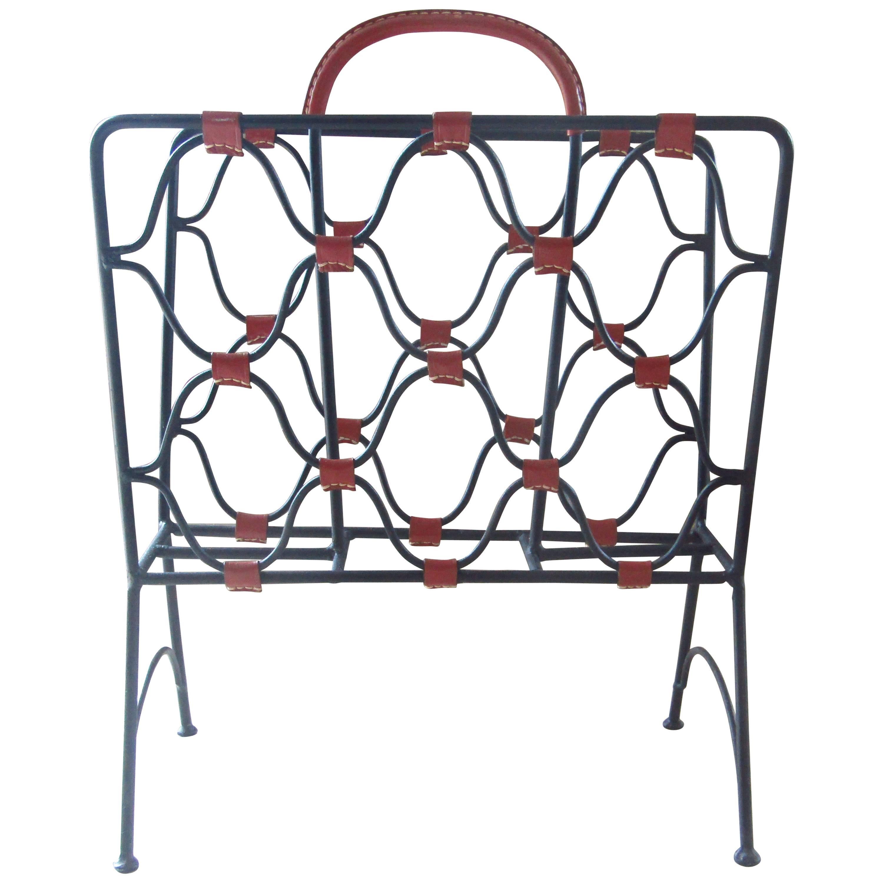 Midcentury Jacques Adnet Iron and Leather Magazine Rack