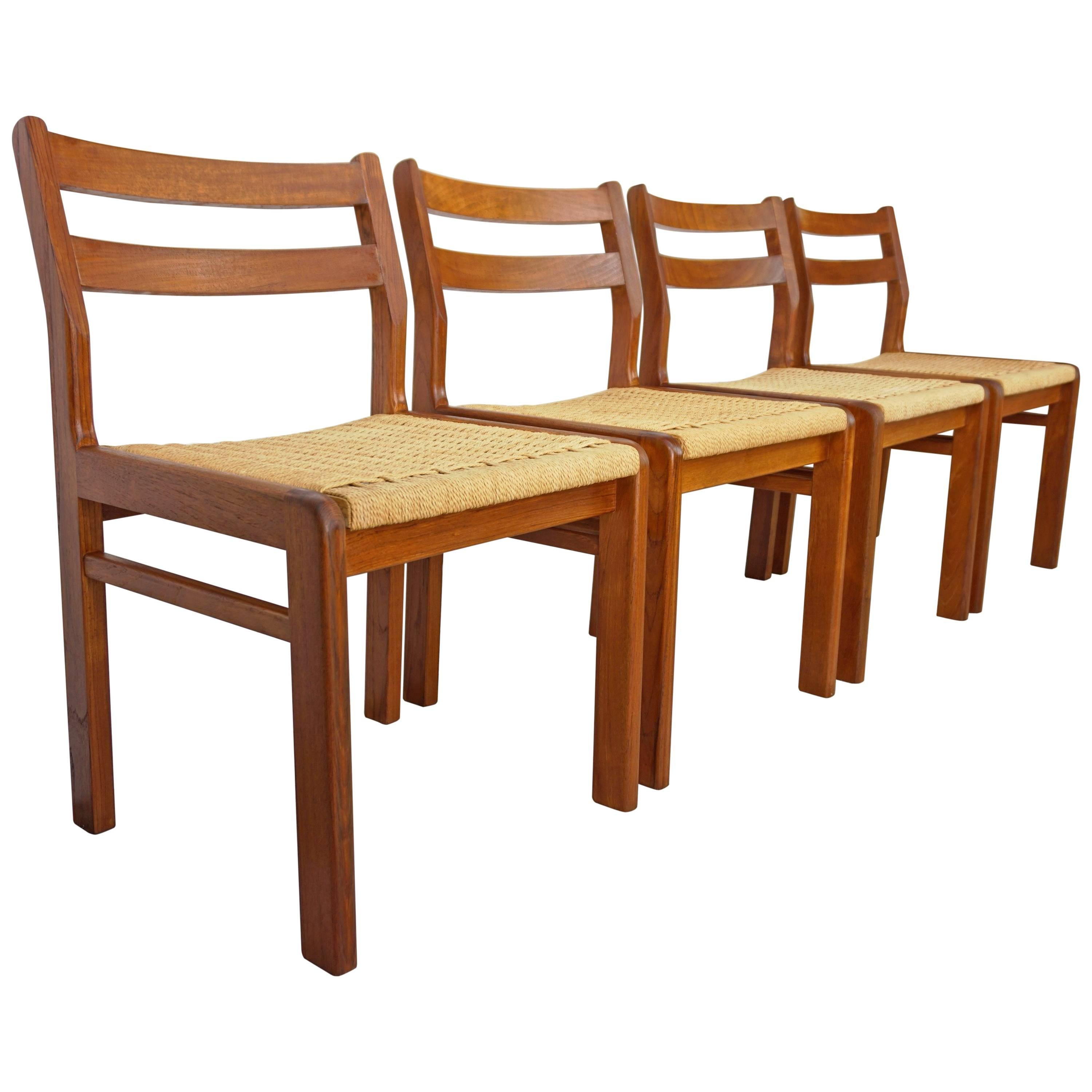 Set of Four Danish 1960s Design Wooden Teak and Rope Chairs