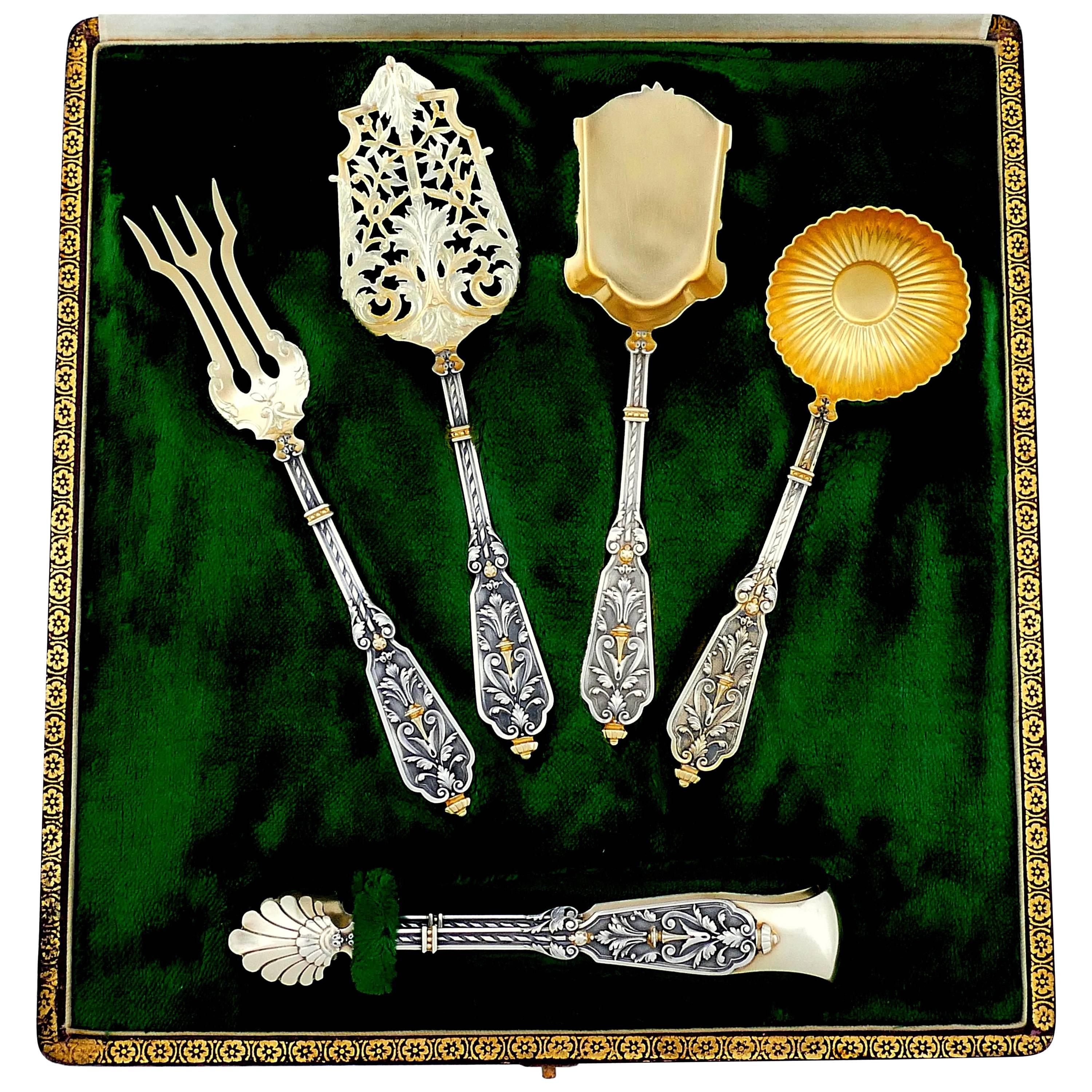 Puiforcat Rare French Sterling Silver 18 Karat Gold Dessert Set Box, Renaissance
