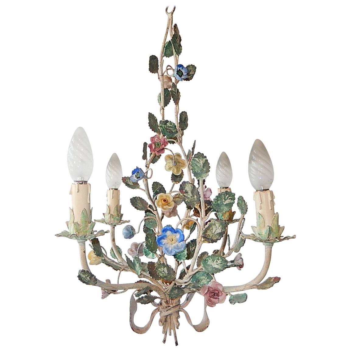 French Tole Pastel Porcelain Flowers Chandelier with Bow