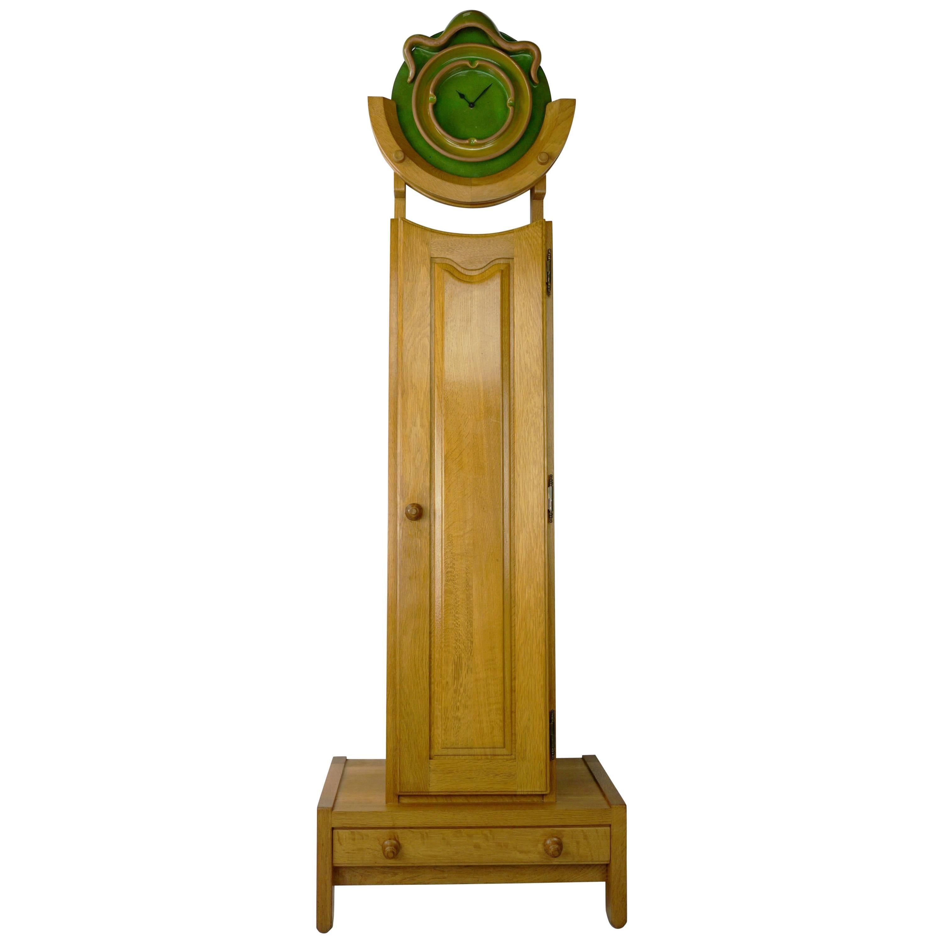 French Design Oak And Ceramic Longcase Clock By Guillerme And Chambron