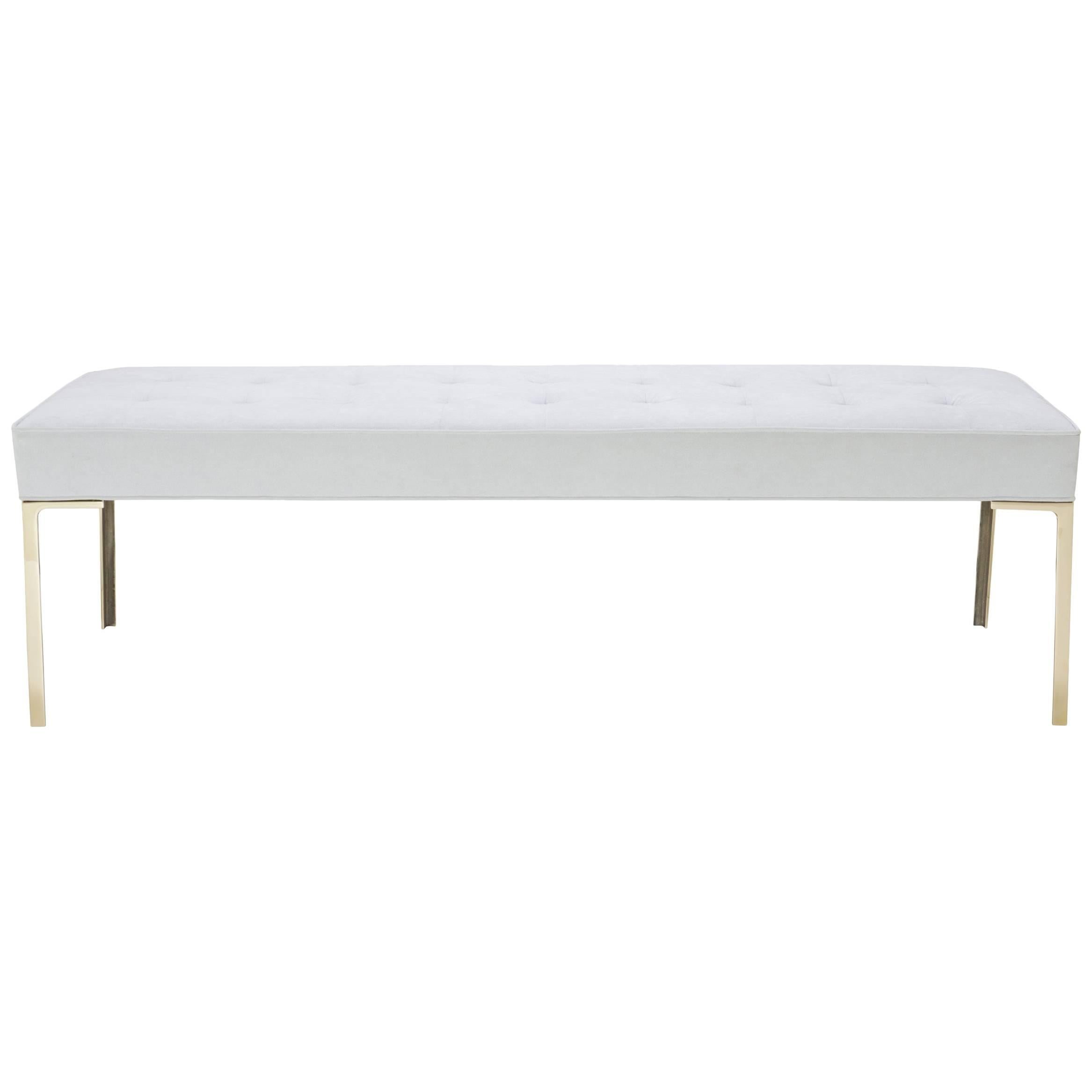 Astor 60" Tufted Brass Bench in Dove Luxe Suede by Montage