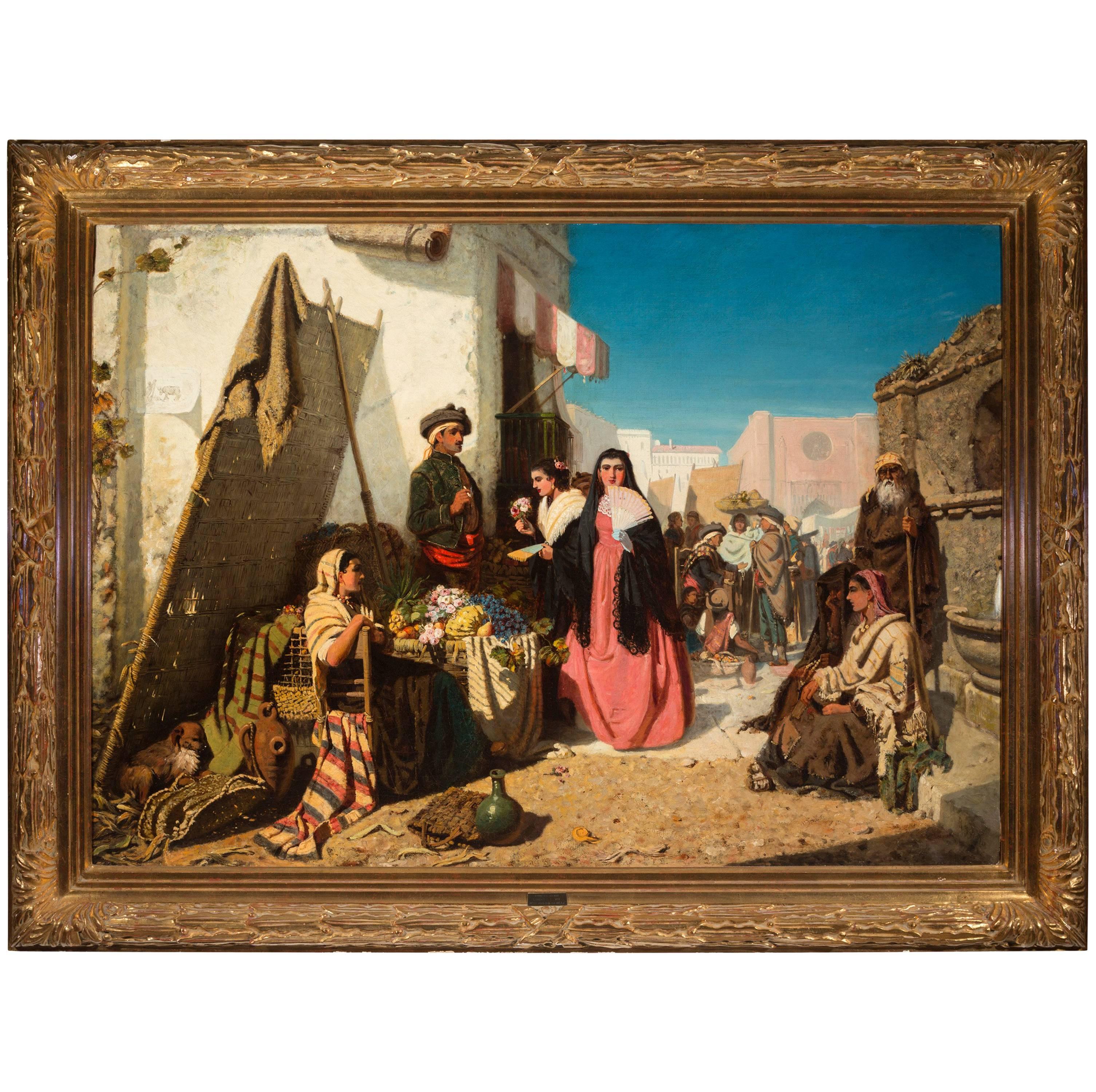 19th Century Oil Painting by Robert Kemm "Seville Marketplace" circa 1860s For Sale