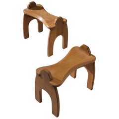 Pair of Wooden Stools, Solid Oak, 1950s, Europe