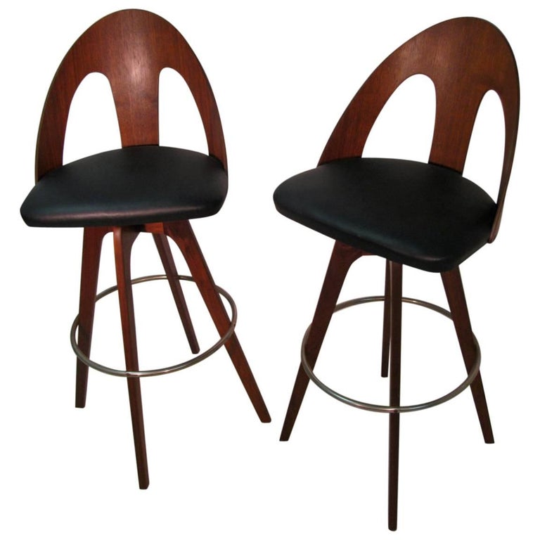 Pair of MidCentury Modern Pierced Walnut Spoon Back Bar Stools at 1stDibs