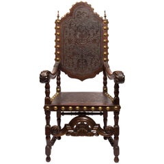 18th Century Embossed Leather Portuguese Armchair with Hand Carved Details