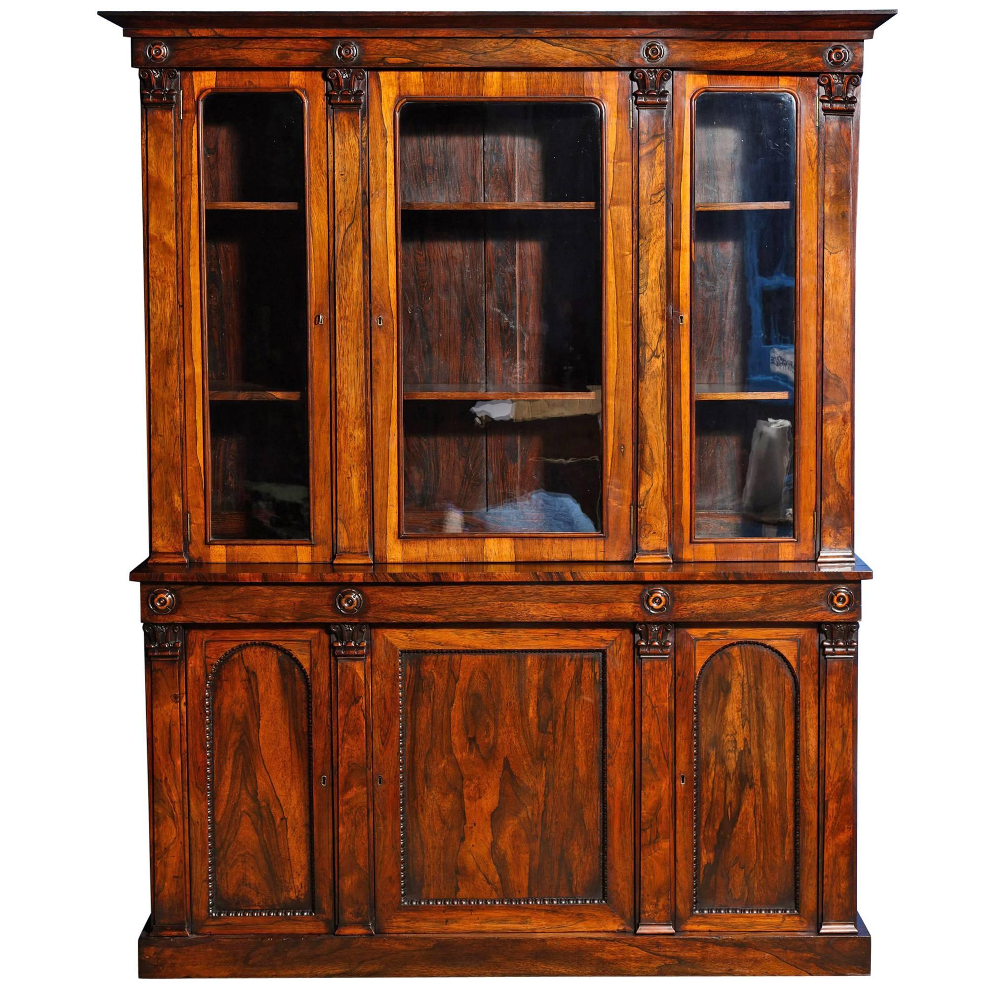 William IV Figured Rosewood Book-Matched Bookcase Cabinet, English, circa 1840  For Sale