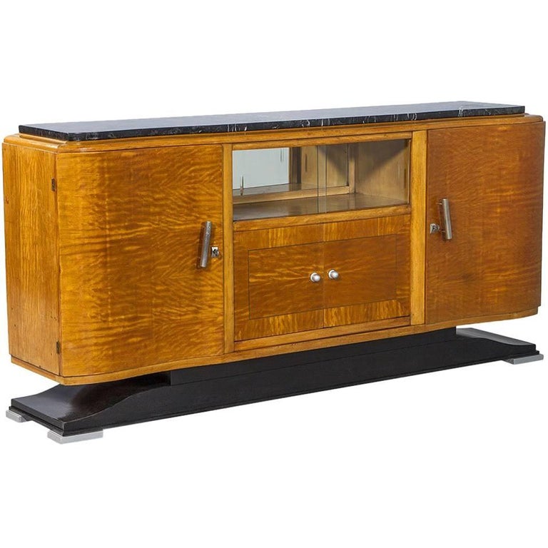 Vintage French Art Deco Marble Top Sideboard Cocktail Bar at