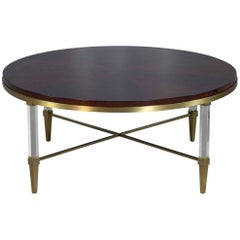 Round Modern Burl Walnut Brass and Acrylic Cocktail Coffee Table