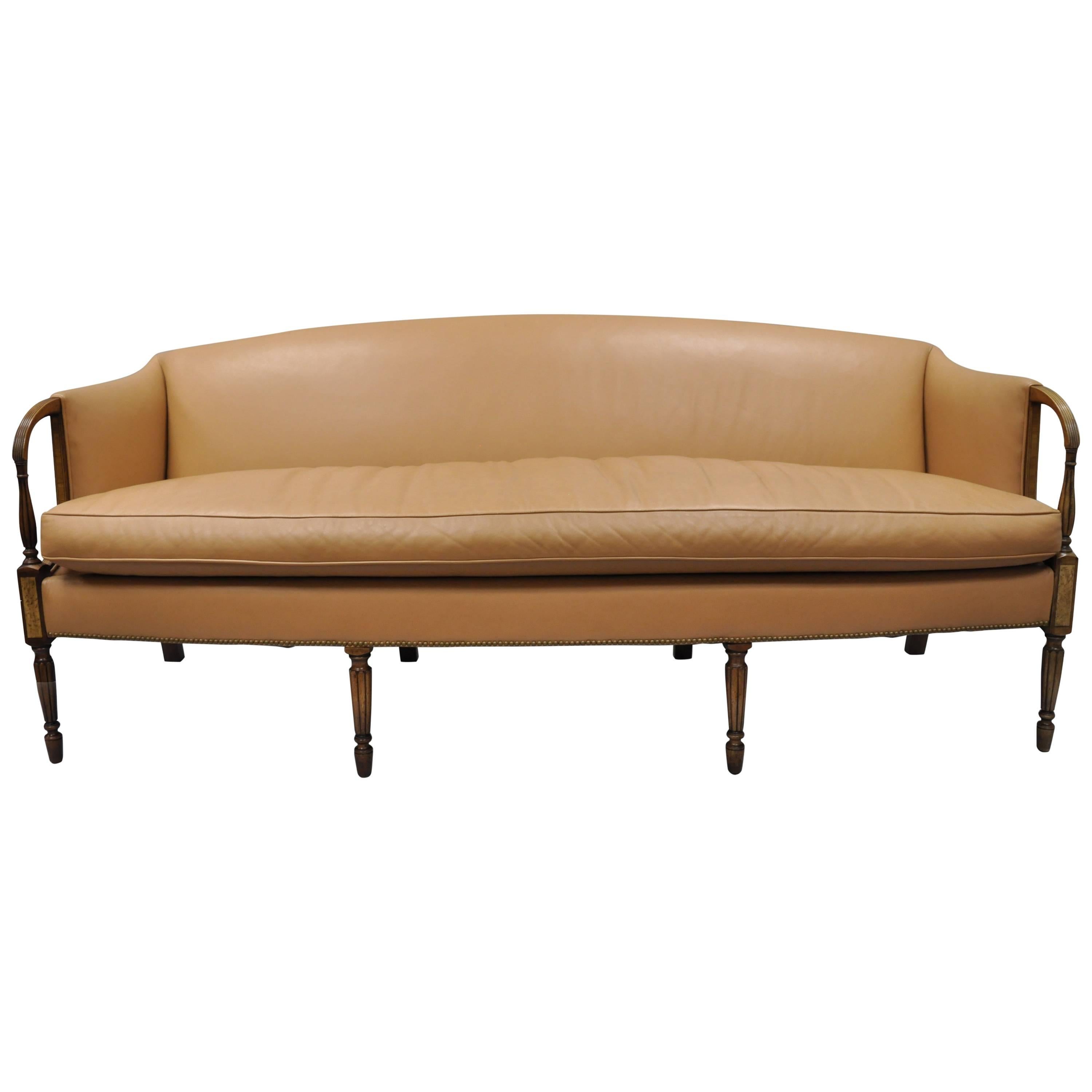 Sheraton Federal Style Caramel Tan Leather Upholstered Inlaid Sofa by Southwood  For Sale