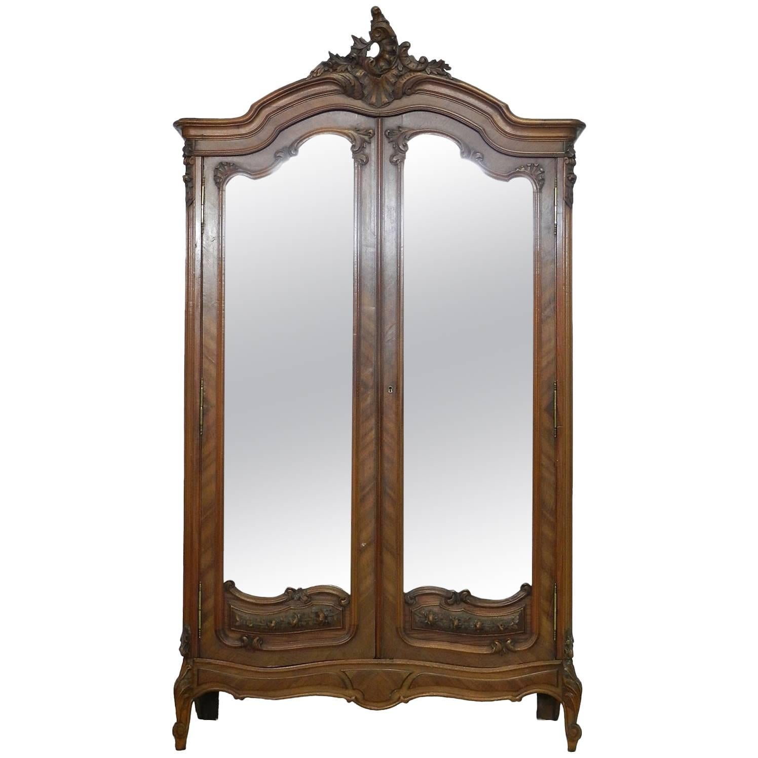 French Armoire late 19th Century Louis Mirror Door Wardrobe For Sale
