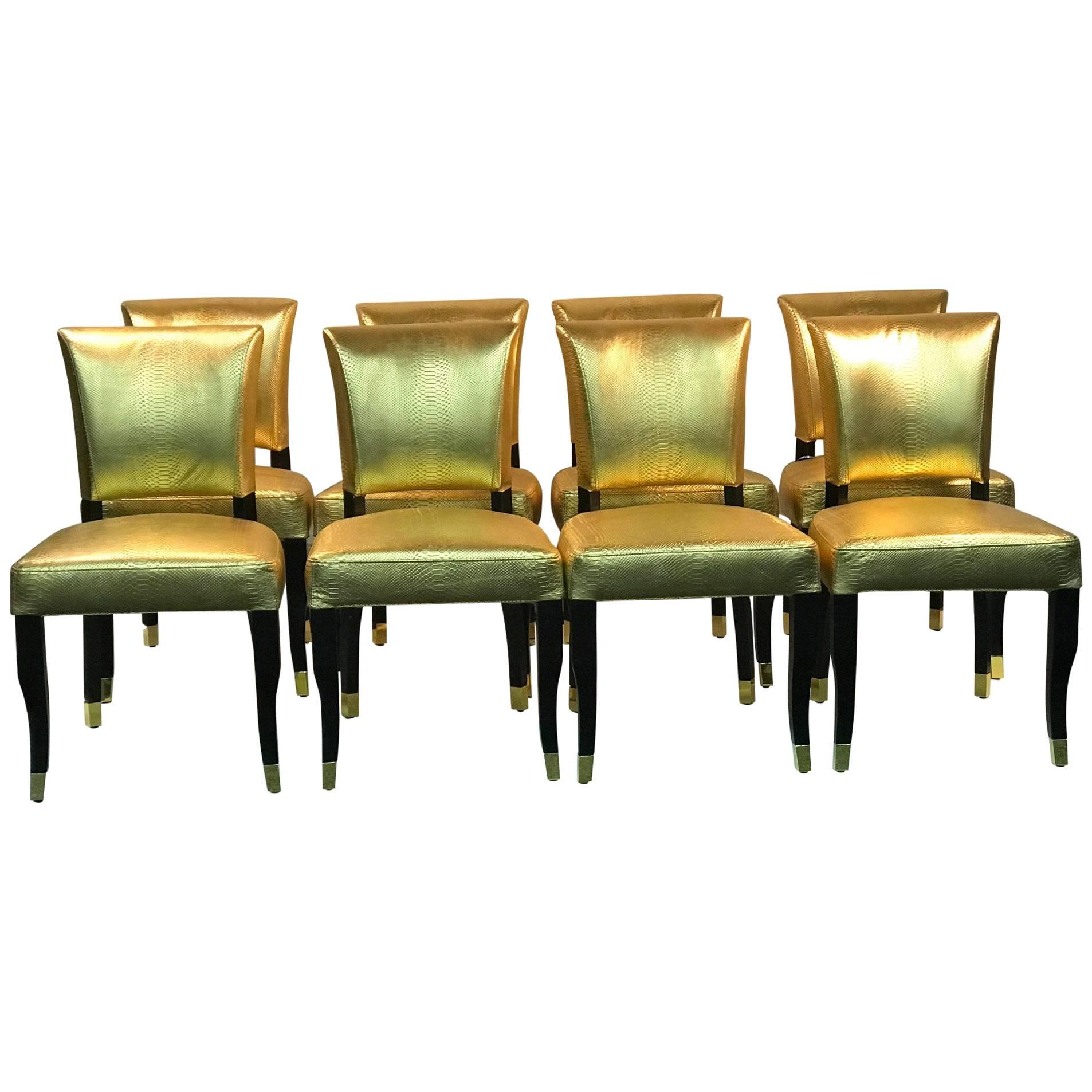 Suite of Eight Gold Faux Snakeskin Chairs with Decorative Gold Buckle Backs For Sale