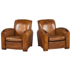 Pair of Original French Art Deco Cognac Leather Club Gentleman’s Chairs