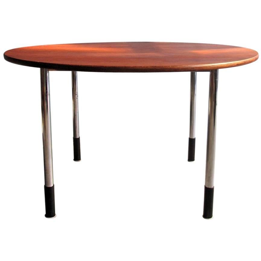 Meredew working round teak top table with height adjustable chrome legs For Sale