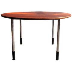 Meredew working round teak top table with height adjustable chrome legs