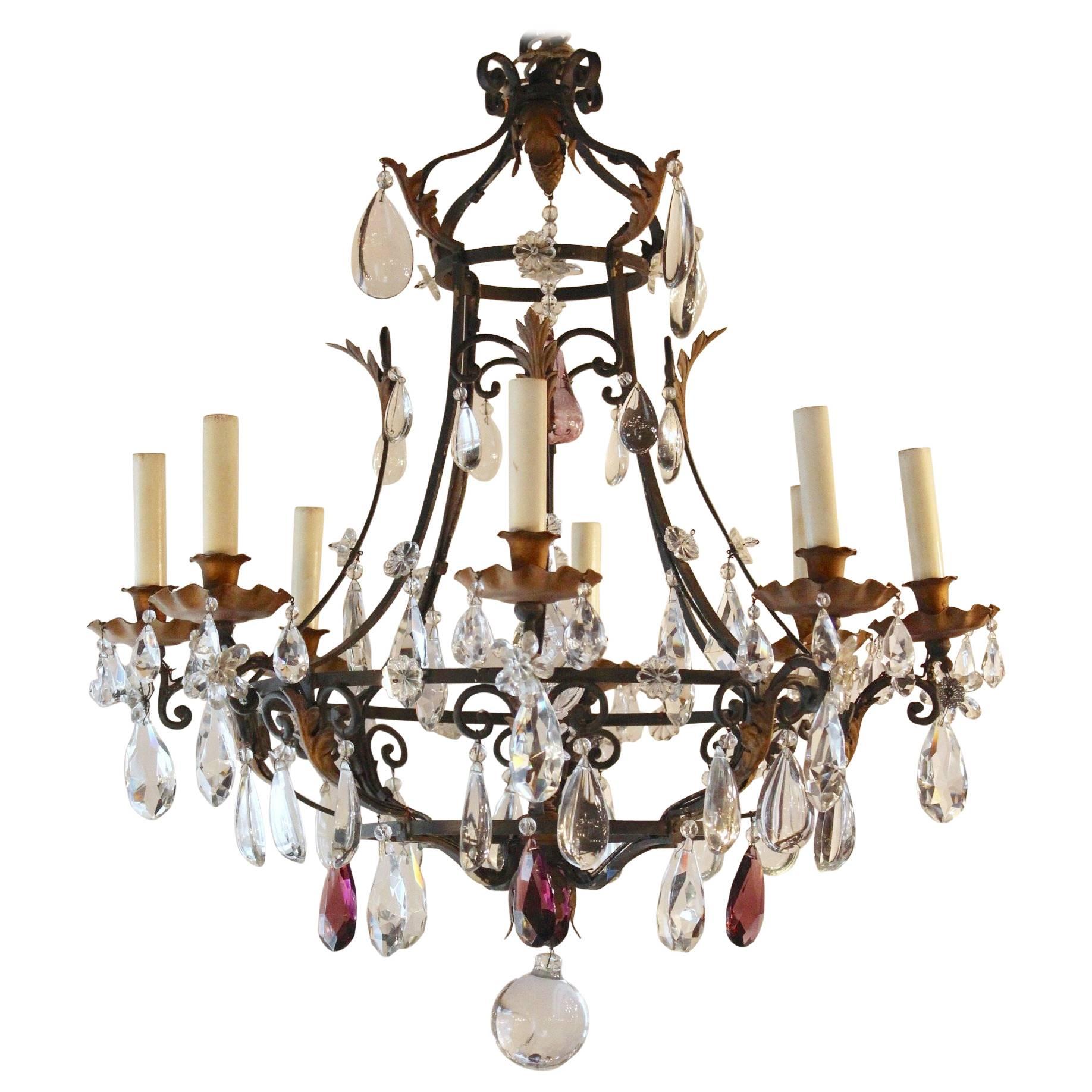 Antique French Eight-Light Wrought Iron and Crystal Chandelier For Sale