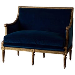 Sofa Bench Love Seat Néoclassique Période Louis XVI Bois Doré Velours Bleu France