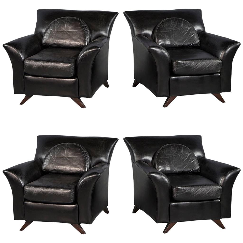 Pair of Black Leather Oversize Bat Wing Style Parlor Chairs