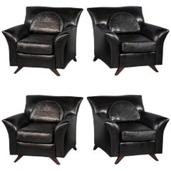 Vintage Pair of Black Leather Oversize Bat Wing Style Parlor Chairs