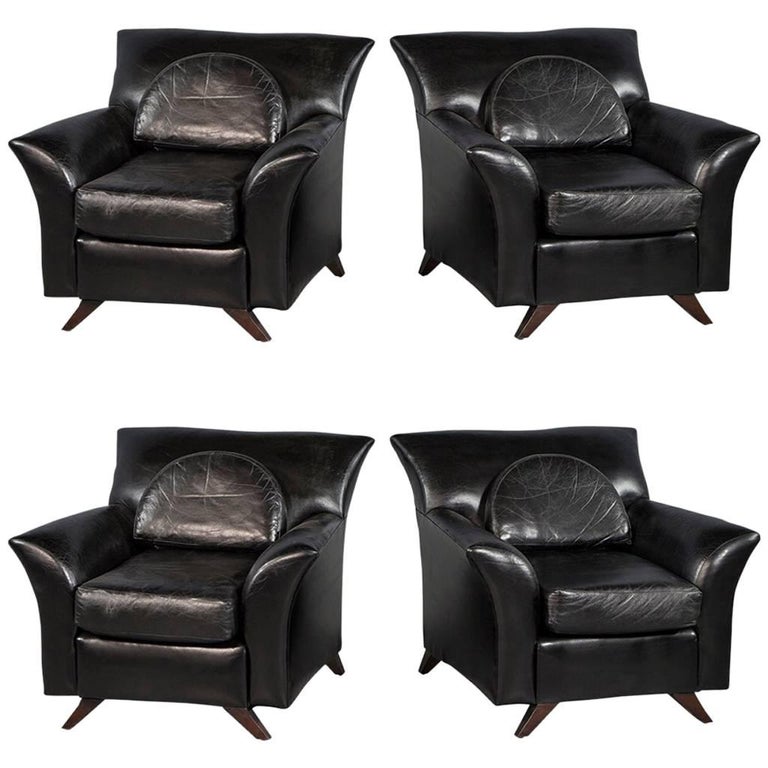 Pair of Black Leather Oversize Bat Wing Style Parlor Chairs at 1stDibs