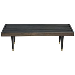 Mid-Century Modern George Nelson Style Black Stain Slat Bench with Brass Feet