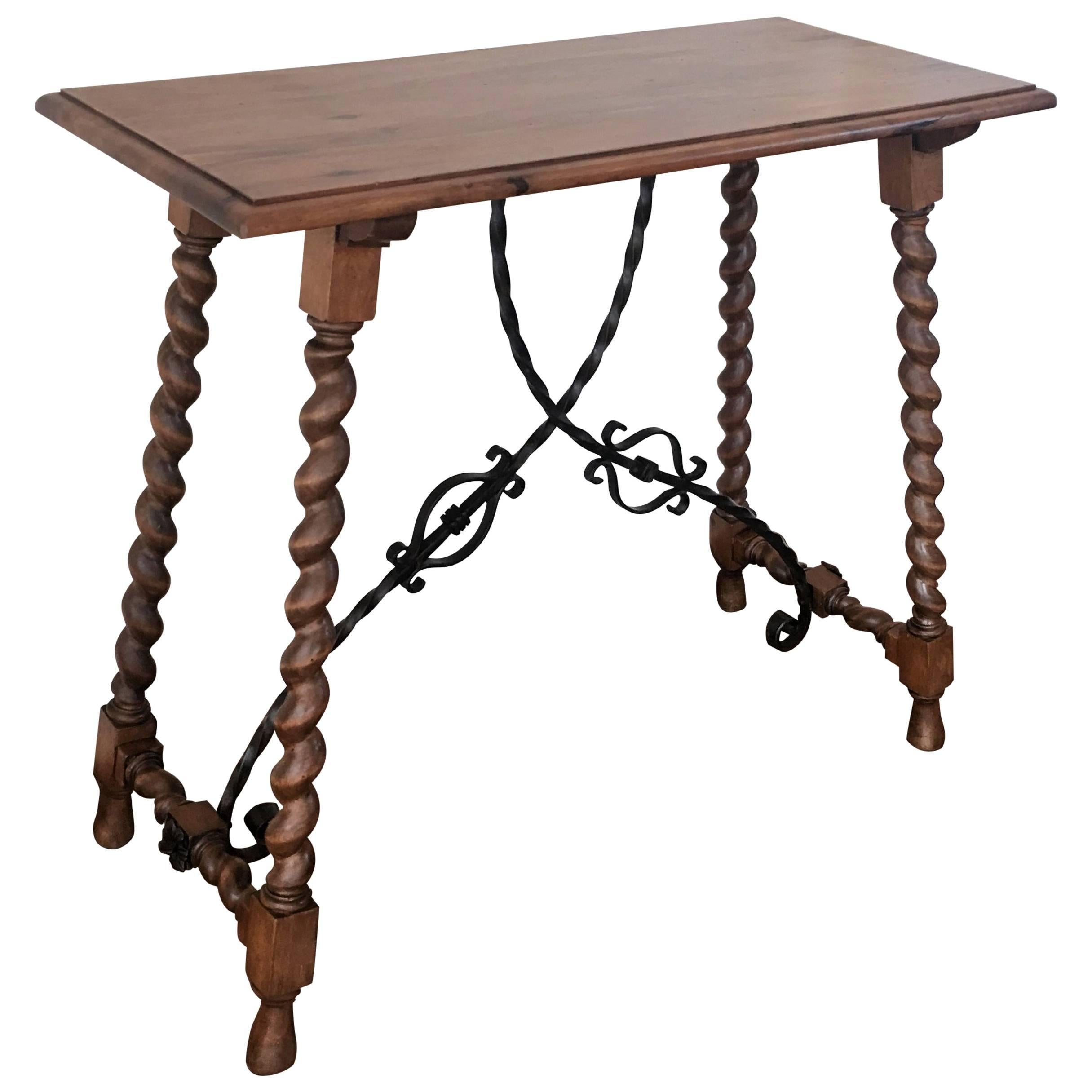 19th Spanish Console table with Iron Stretcher & turned legs.Side Table. Baroque
