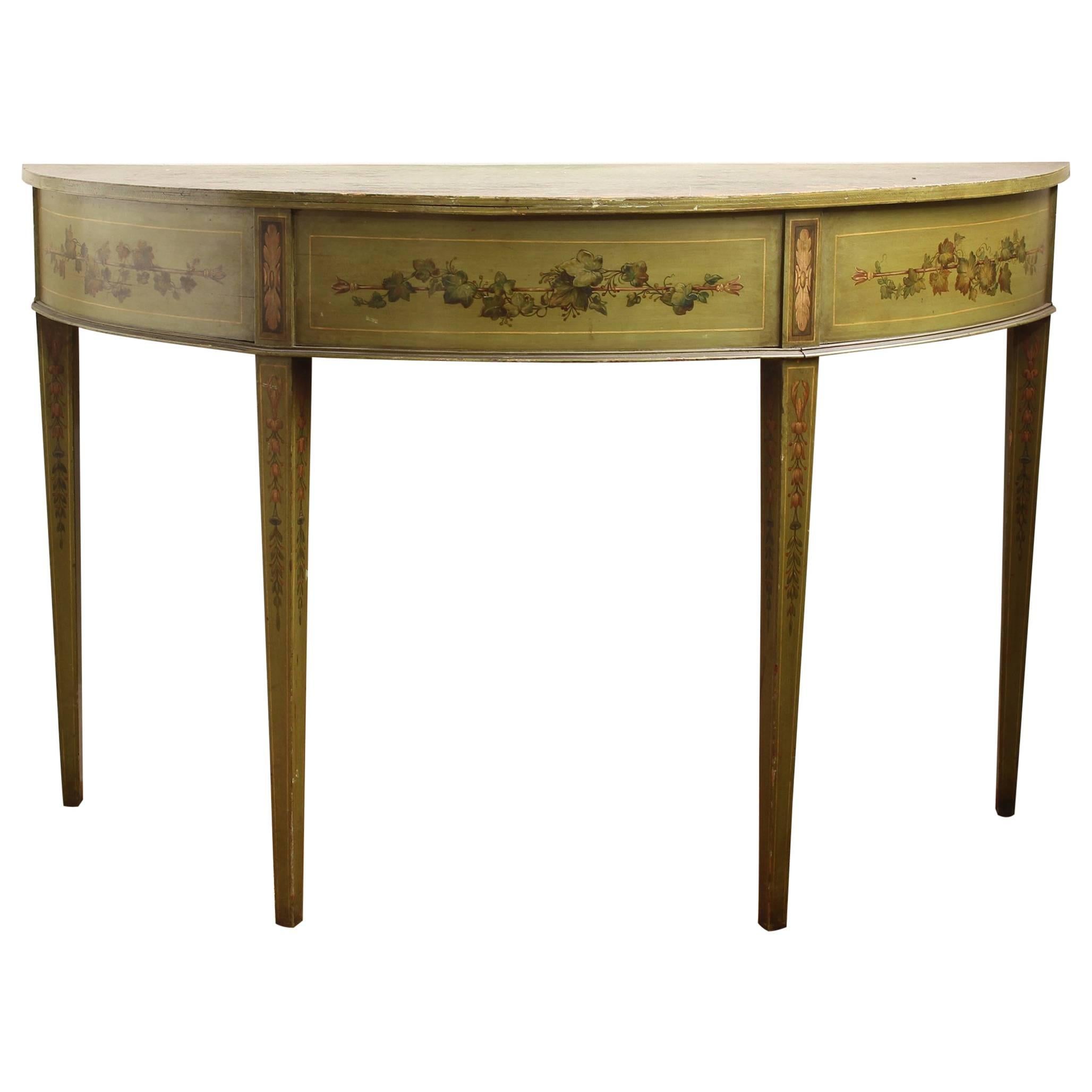 19th Century English Adam Style Paint Decorated Demilune Console Table