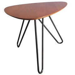 Organic-shape teak top in a black lacquered metal tripod base centre table