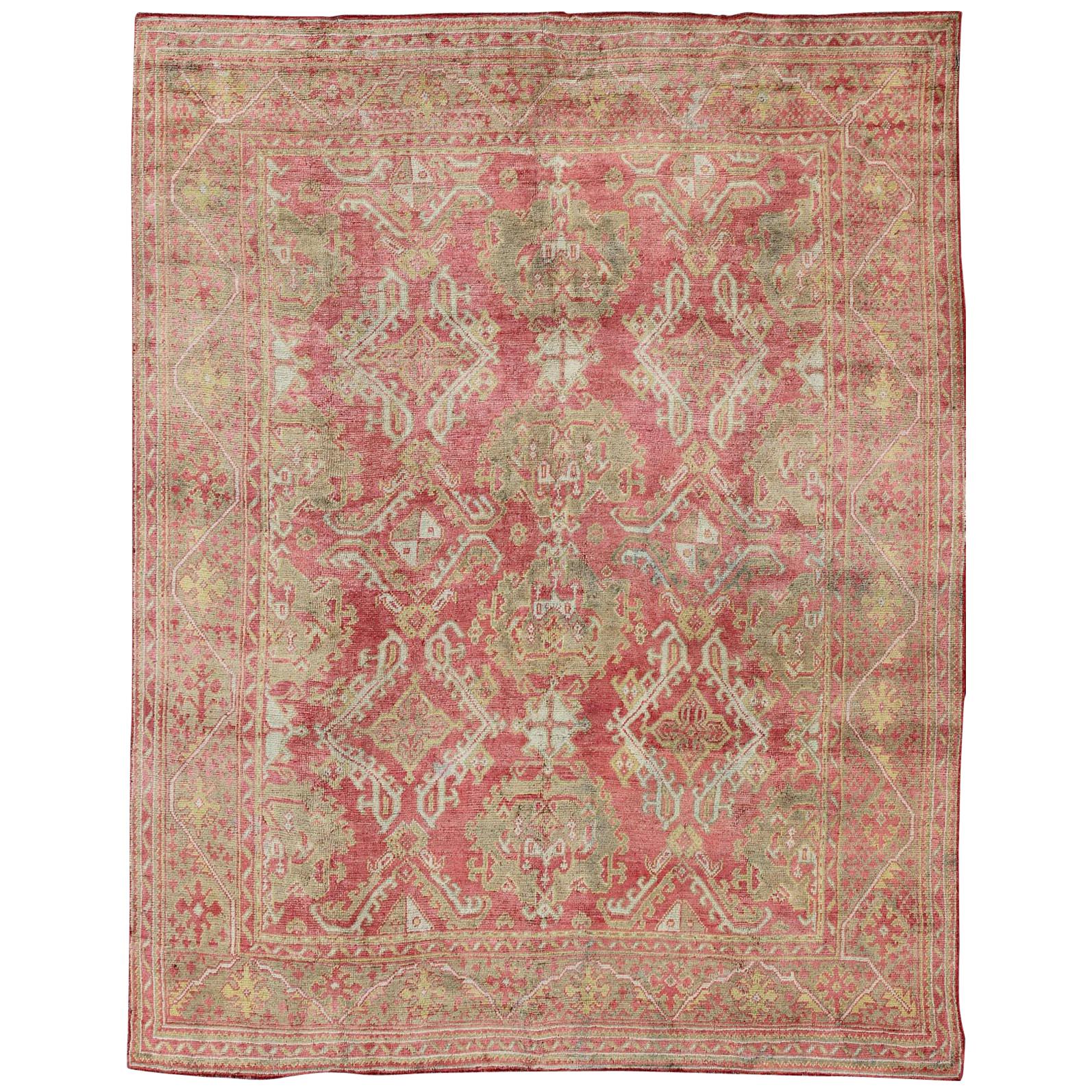 Antique Turkish Oushak Rug with Flowing Diamond and Geometric Design