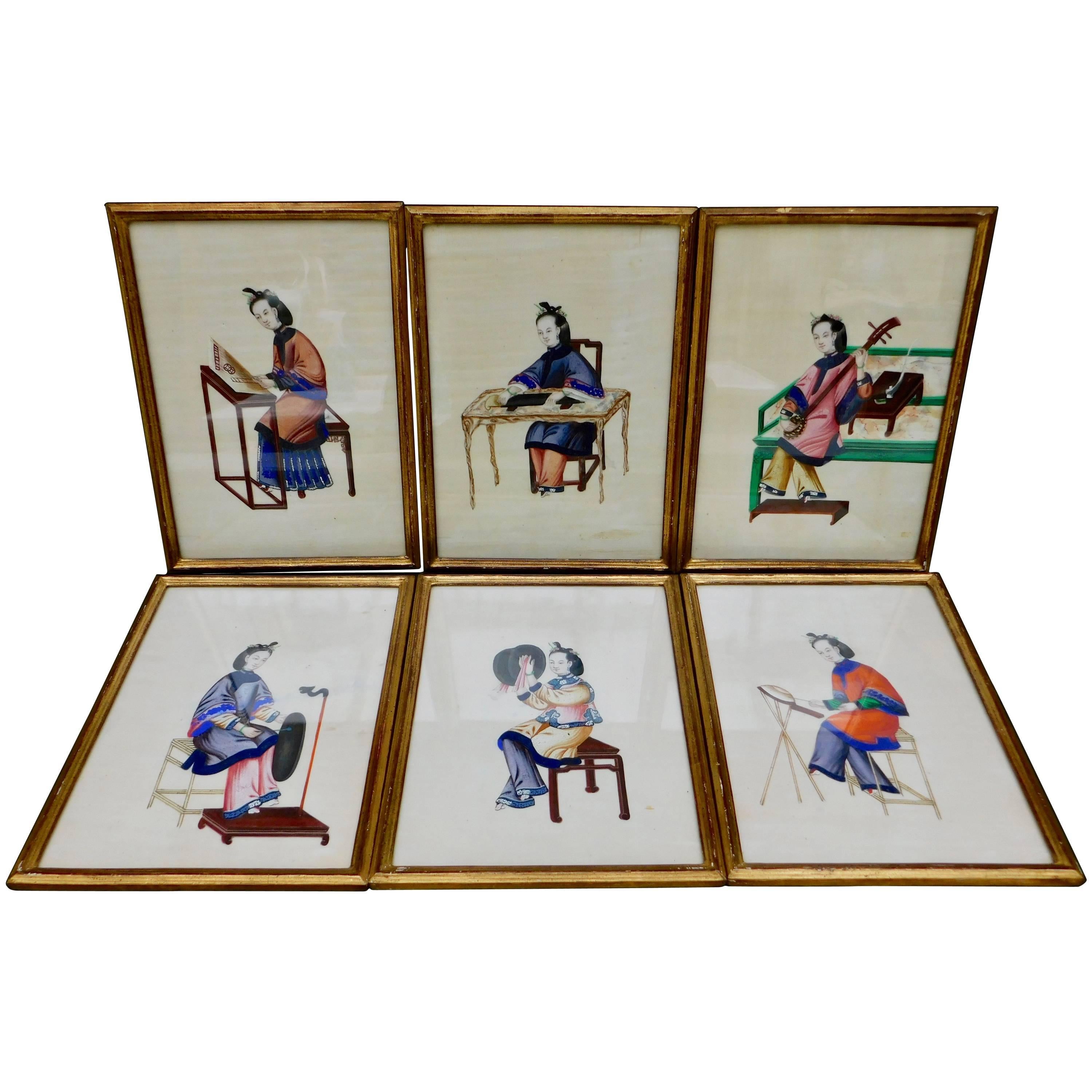 Six Antique Chinese Paintings of Noble Ladies on Rice Paper In Gilt Wood Frames
