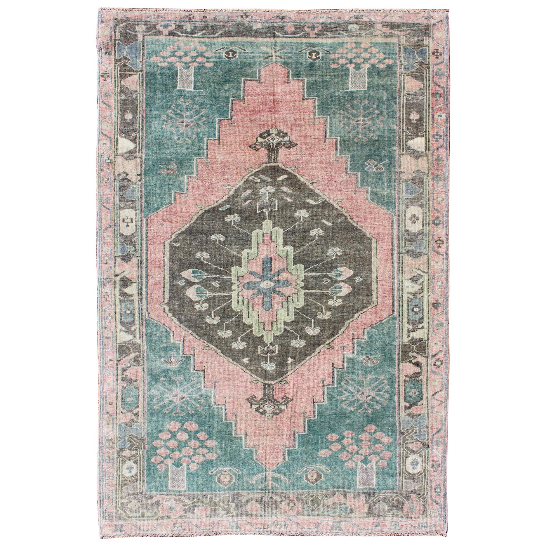 Teal, Brown & Salmon-Colored Vintage Turkish Oushak Rug With Geometric Medallion For Sale