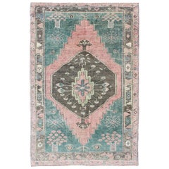 Alfombra Turca Oushak Vintage Teal, Marrón y Salmón con Medallón Geométrico