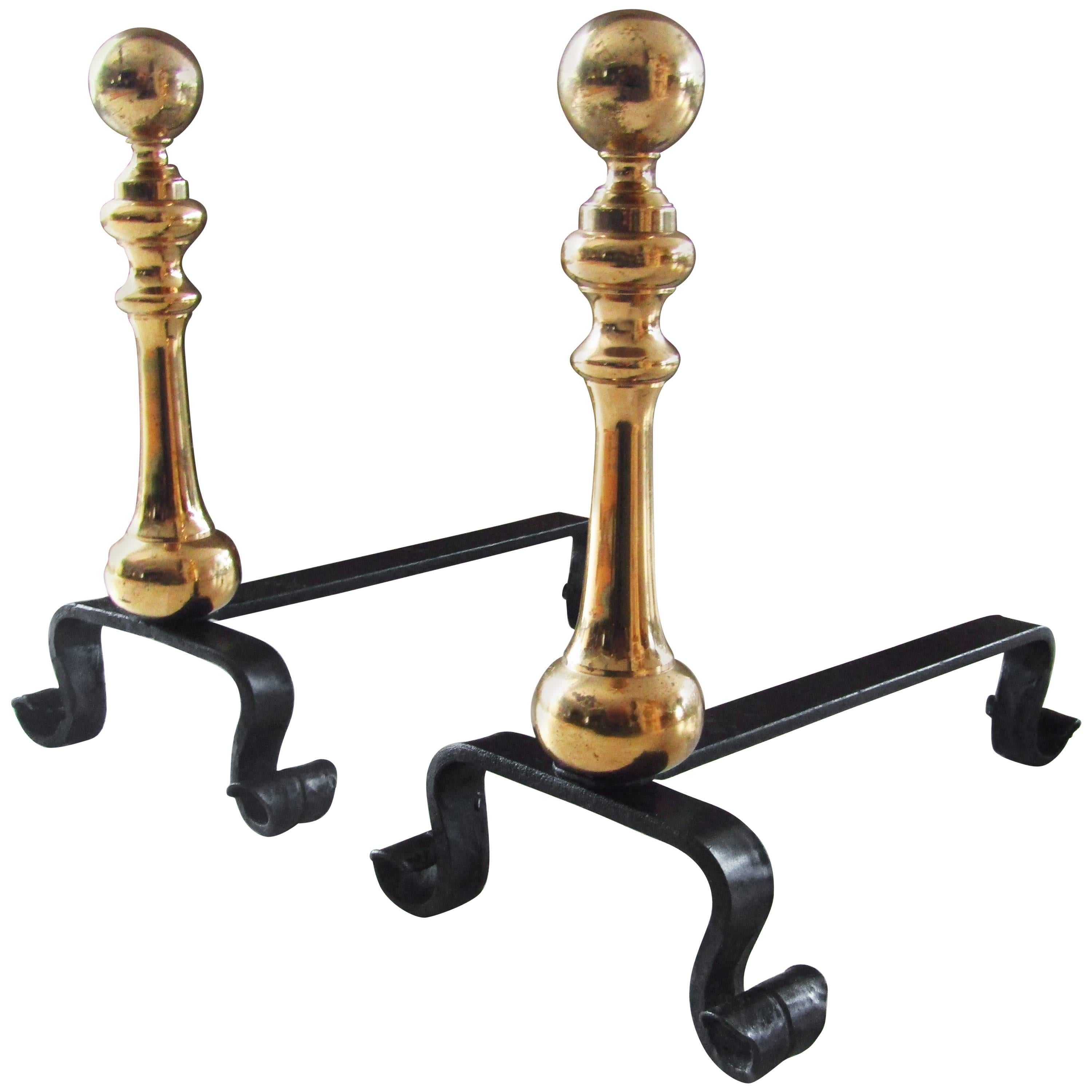 Pair of Wrought Iron and Brass Andirons, France, 1890