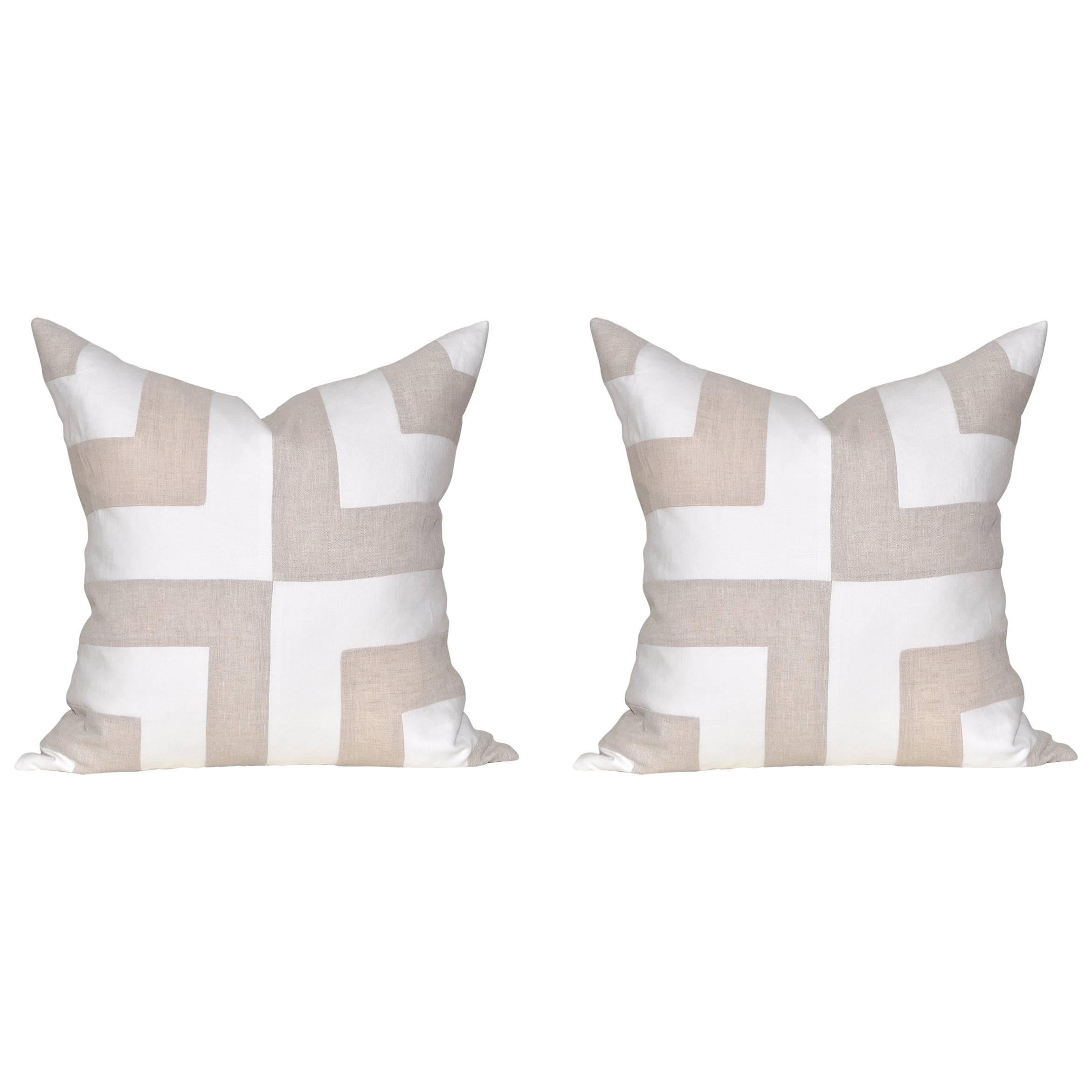 Pair of Large Contemporary Irish Linen Pillows Cushions White Natural Patchwork For Sale