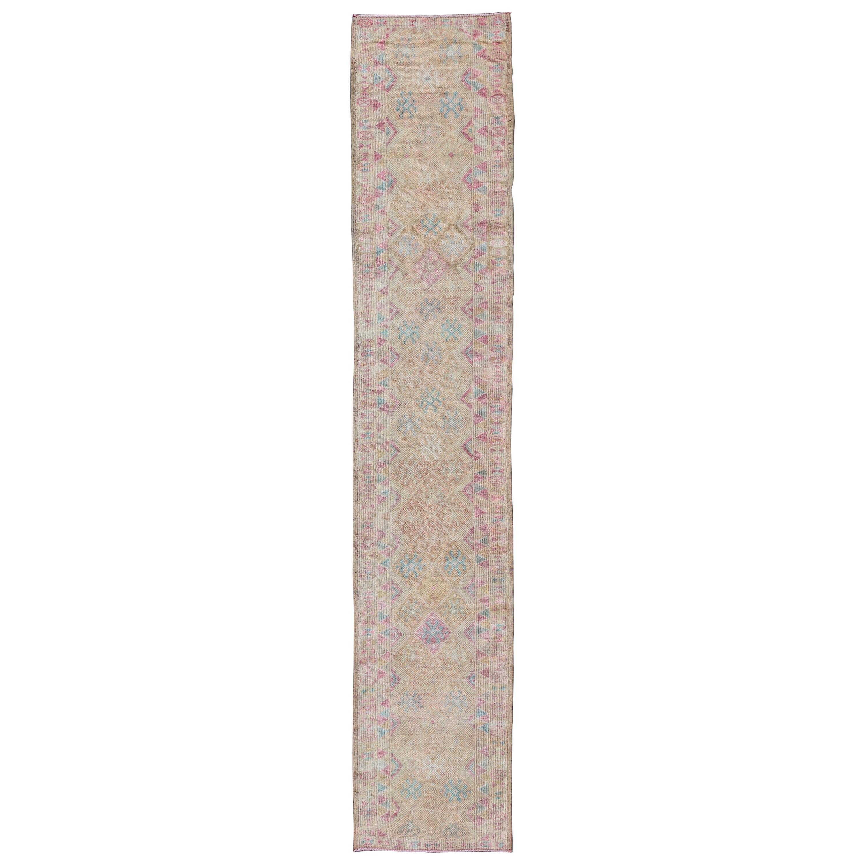 Long Vintage Turkish Runner with Geometric Design in Light Purple and Gold