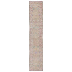 Long Vintage Turkish Runner with Geometric Design in Light Purple and Gold