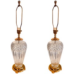 Retro Pair of Waterford Crystal Signed Table Lamps with Stunning Custom Shades