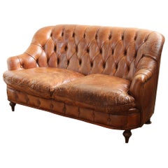 Small Late 19th Century English Buttoned Leather Sofa