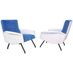 Pair of Italian Blue and White Velvet Lounge Chairs