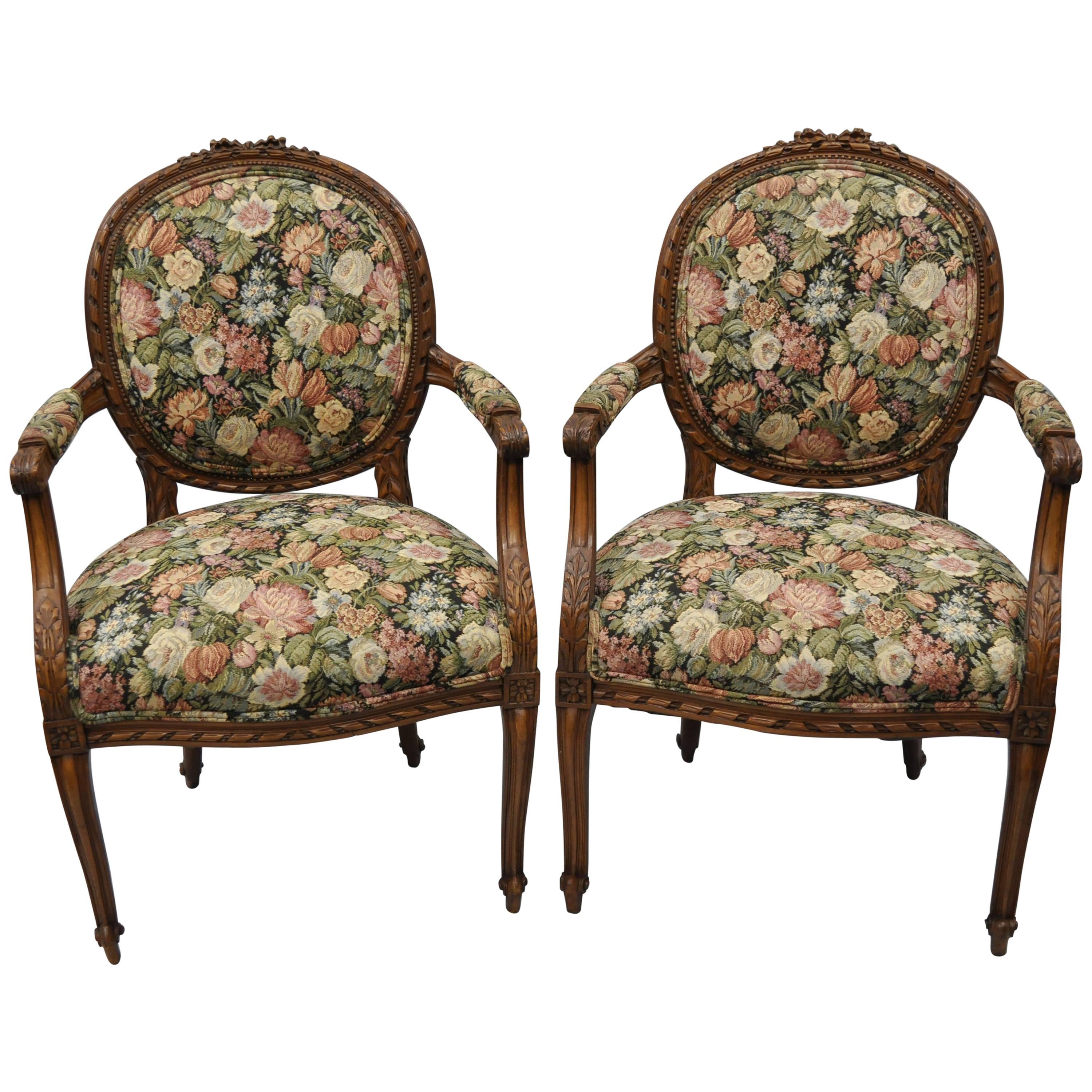 Pair French Country Louis XV Style Finely Carved Round Back Walnut Arm Chairs For Sale