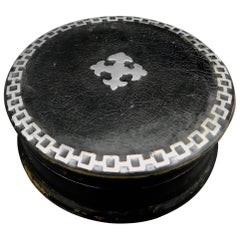 19th C. French Papier Mâché Snuff or Pill Box Black with Inlaid metal Design