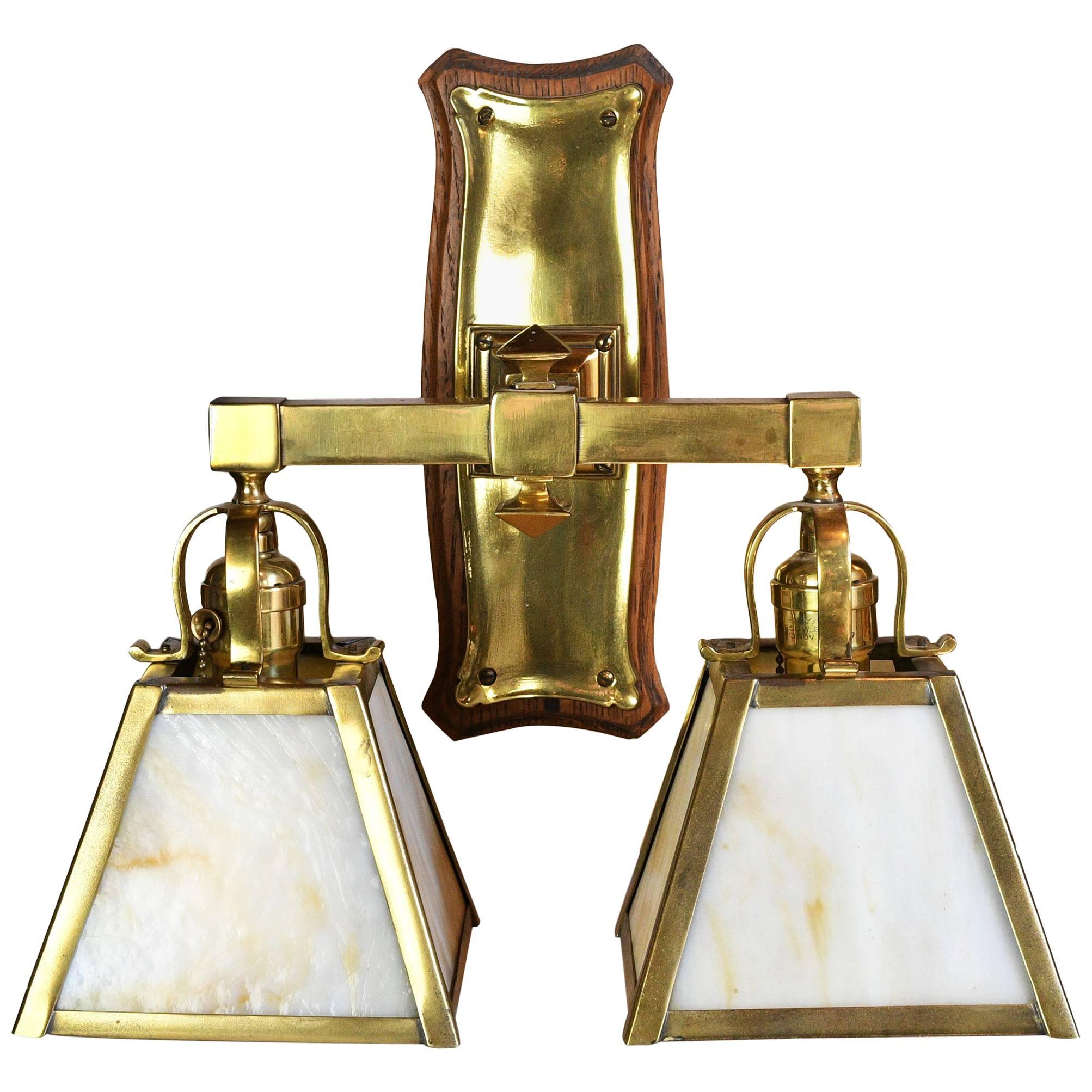 Two Arm Sconce with Wood Back Plate and Slag Glass Shades