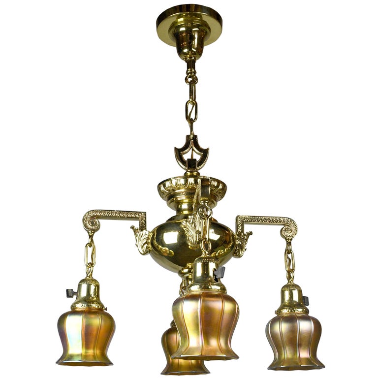 Four Arm Brass Victorian Chandelier with Quezal Shades at 1stDibs