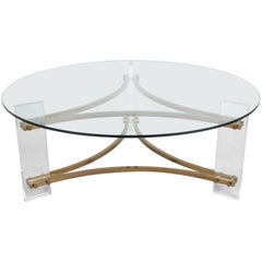 Vintage Hollywood Regency Round Lucite and Brass Coffee table 