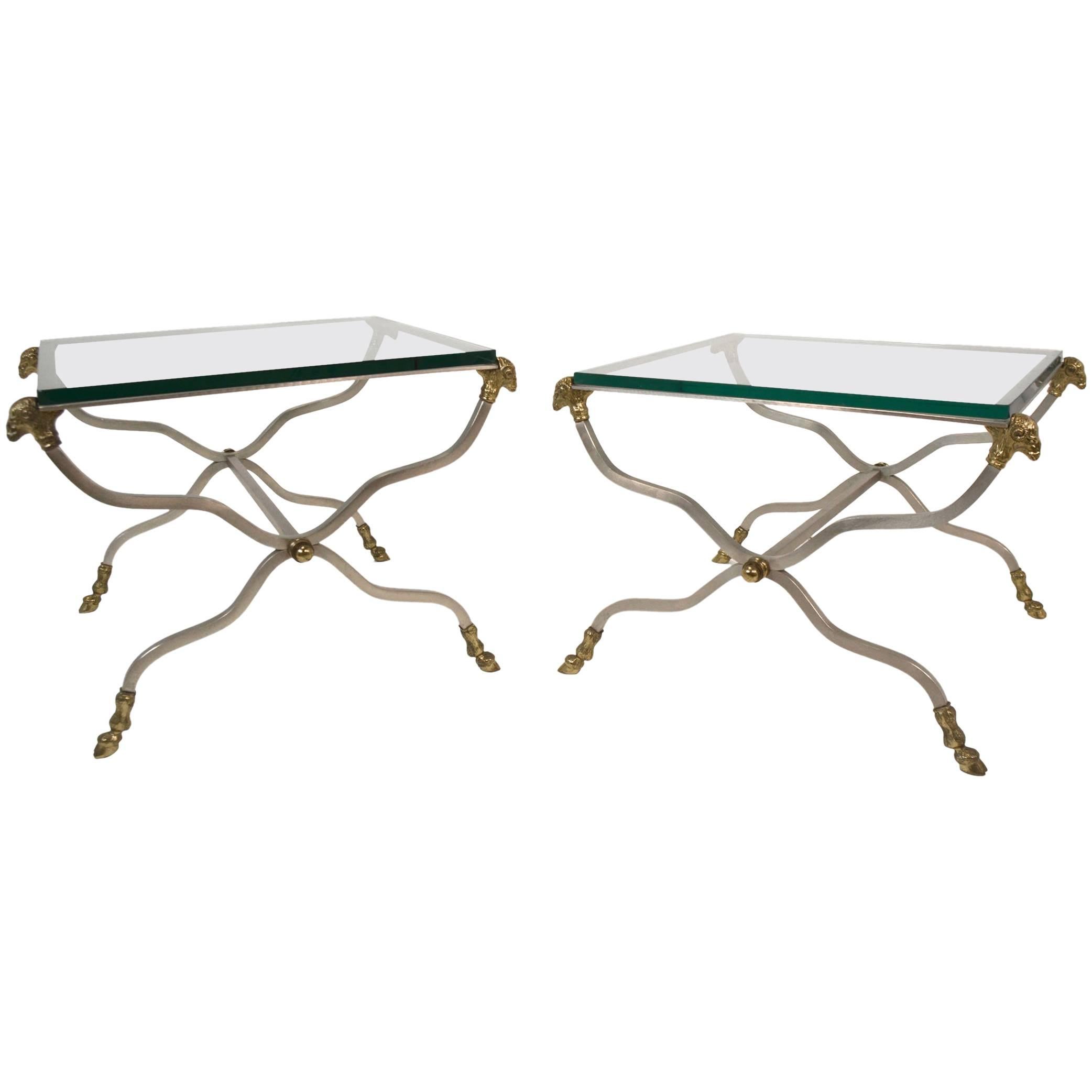 Pair of Italian Steel and Brass Side Tables 