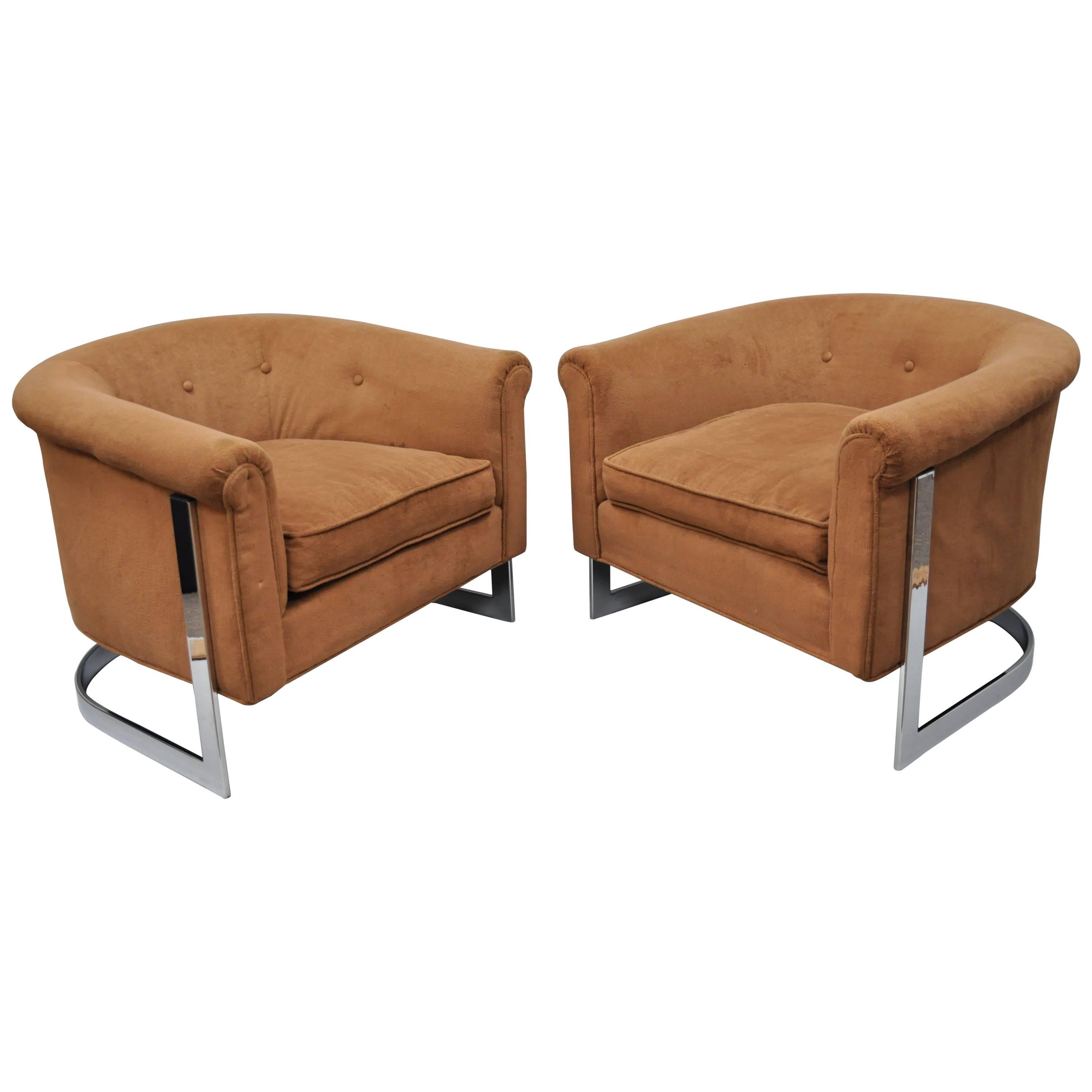 Pair of Mid Century Modern Baughman Style Chrome Barrel Back Club Lounge Chairs