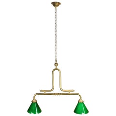 Two Arm Brass Billiard Light with Green Shades