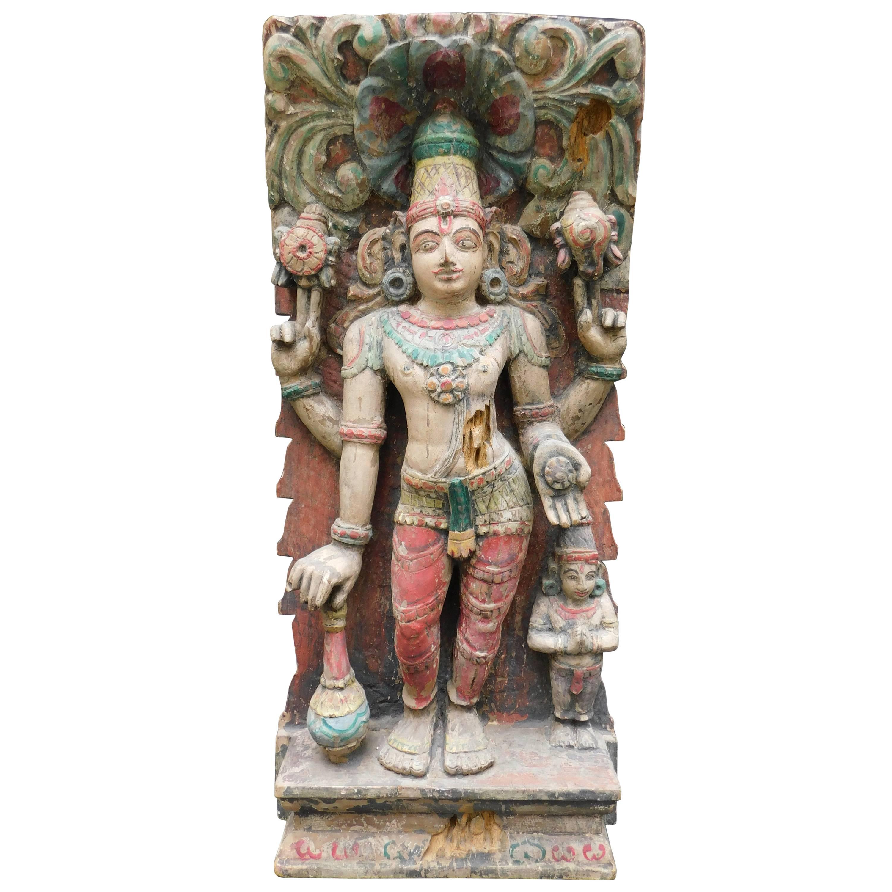 Colorful Hindu Indian Carved Wood Vishnu Temple Statue Retaining